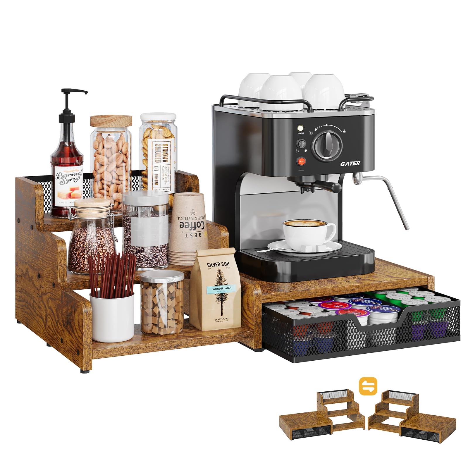 Bliesosfud full front view showing organized pods and syrups for efficient brewing
