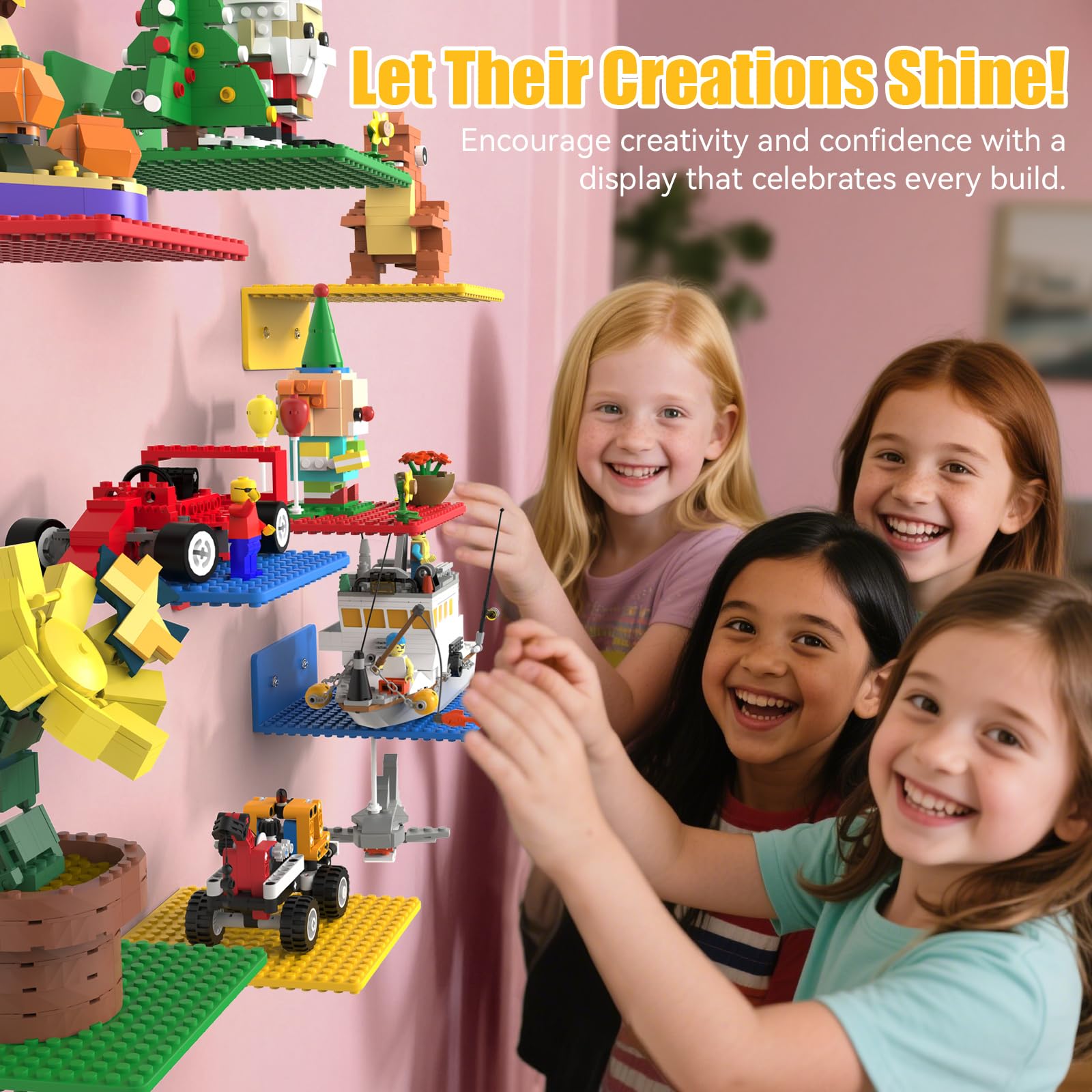 BlissBox shelf mounted on wall with model showing organized display and space-saving benefit