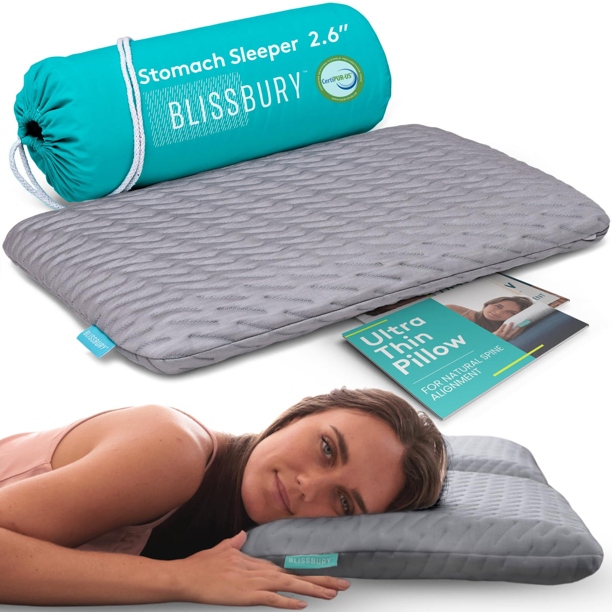 BLISSBURY front packaging showing flat pillow and low profile benefit