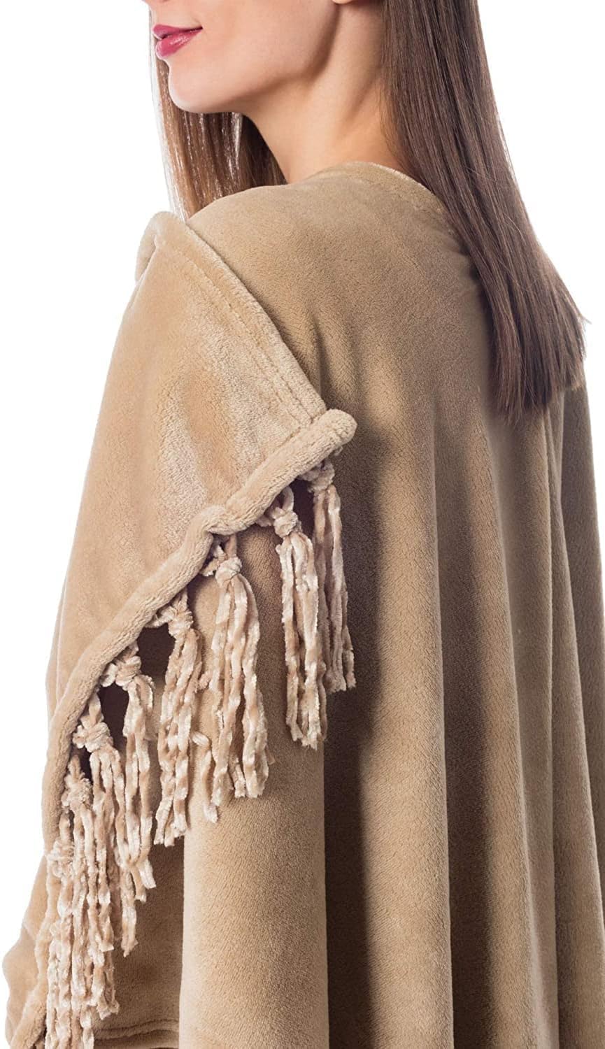 BLISSFORD draped over shoulders with outfit showing versatile layering benefit