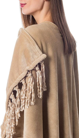 BLISSFORD draped over shoulders with outfit showing versatile layering benefit