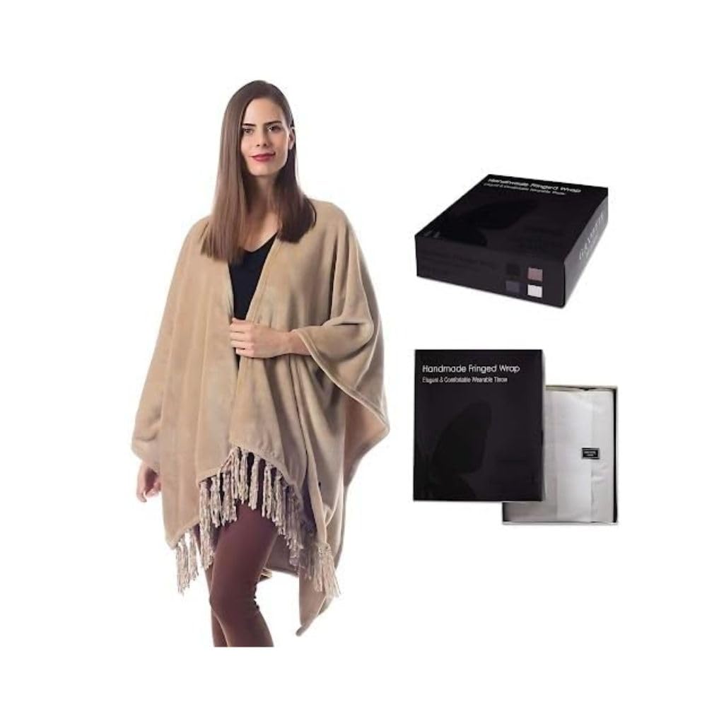BLISSFORD front view of beige travel wrap showing stylish look and warmth