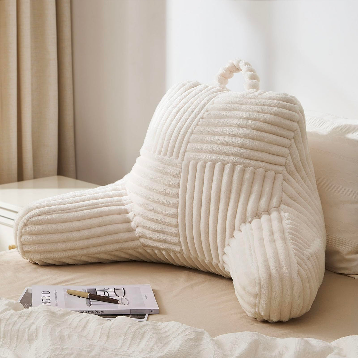 Blissful Diary front view of ivory reading pillow showing full back support benefit