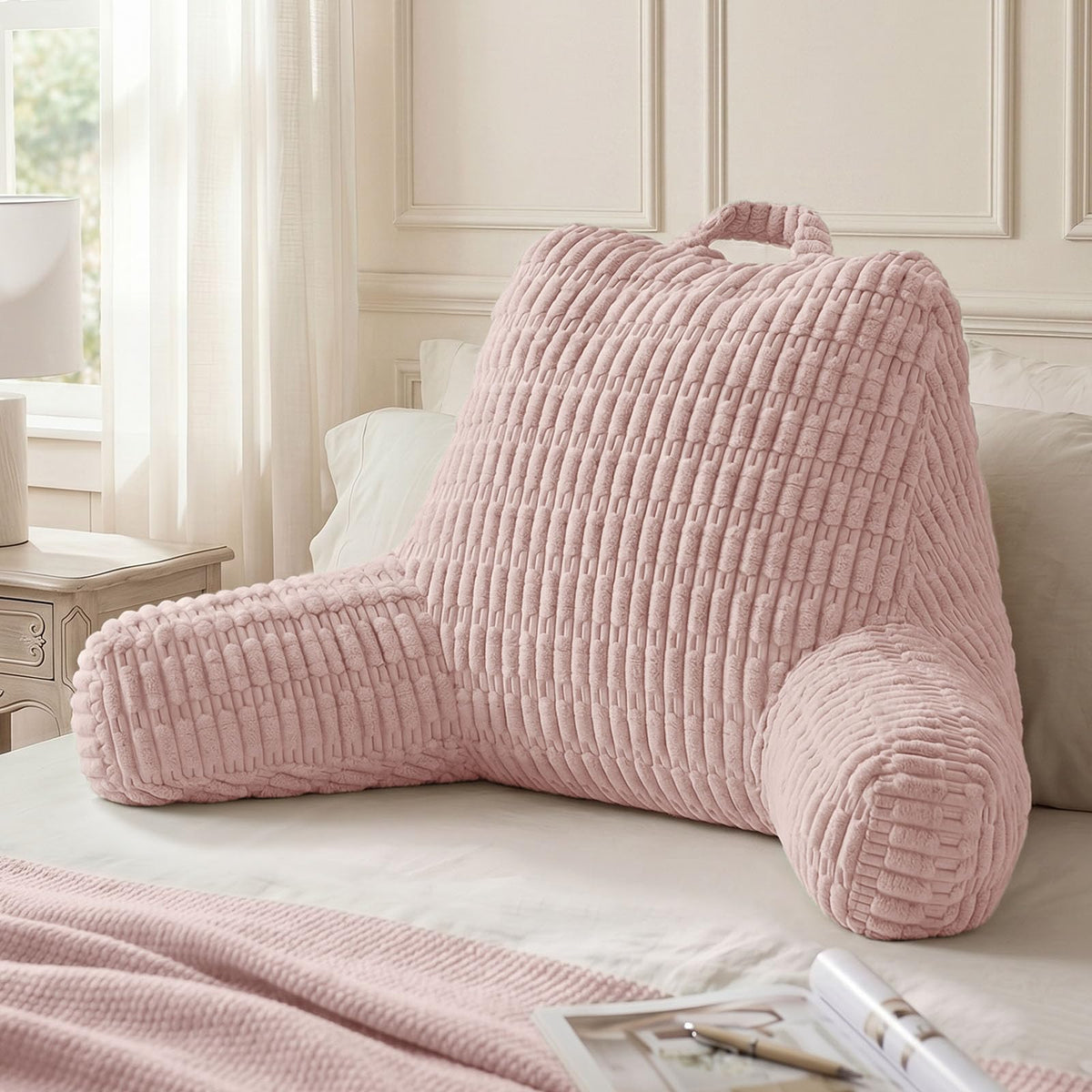Blissful Diary front view of pale pink reading pillow showing supportive backrest and arms for better posture