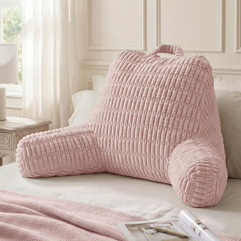 Blissful Diary front view of pale pink reading pillow showing supportive backrest and arms for better posture