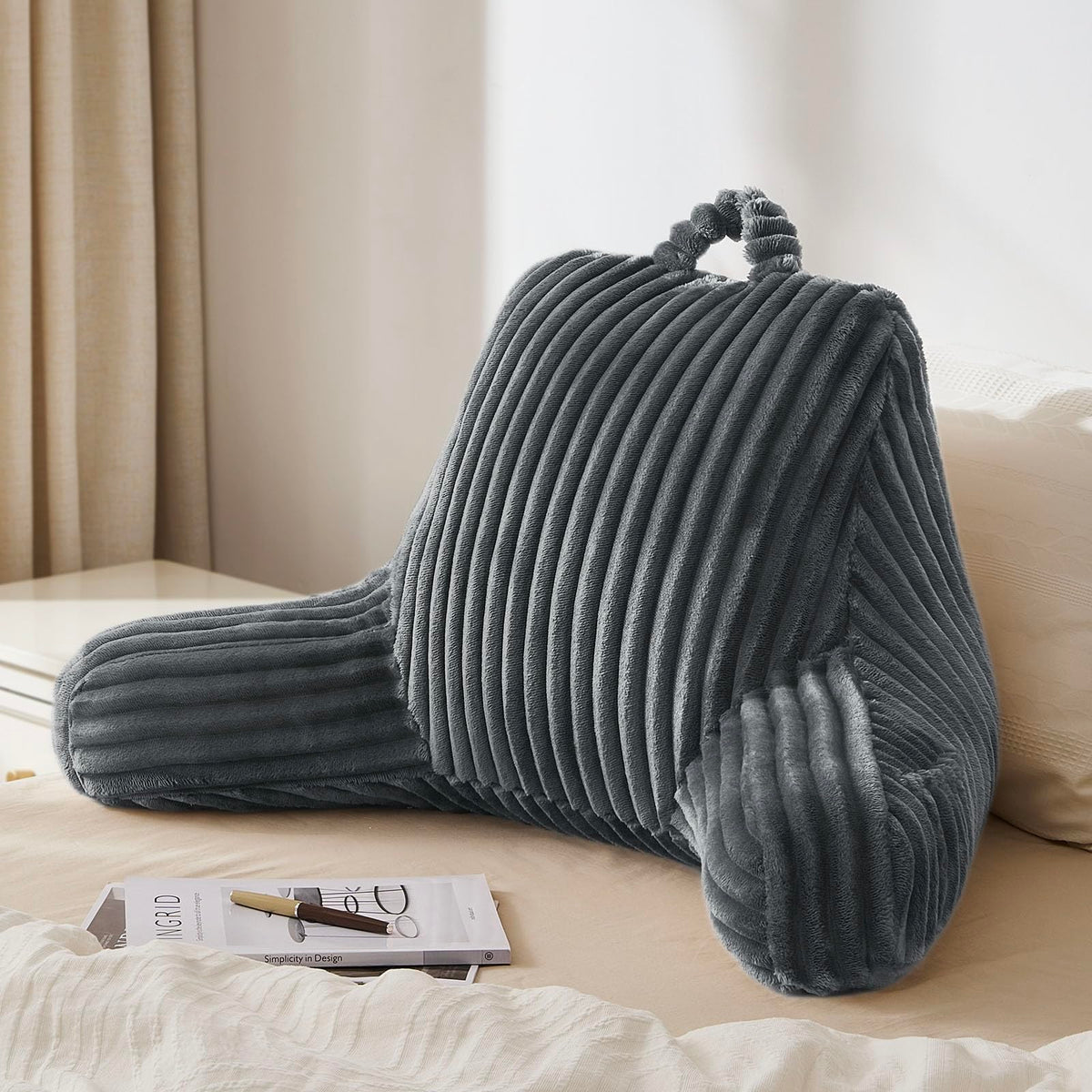 Blissful Diary front view slate gray pillow showing full backrest support and elegant look