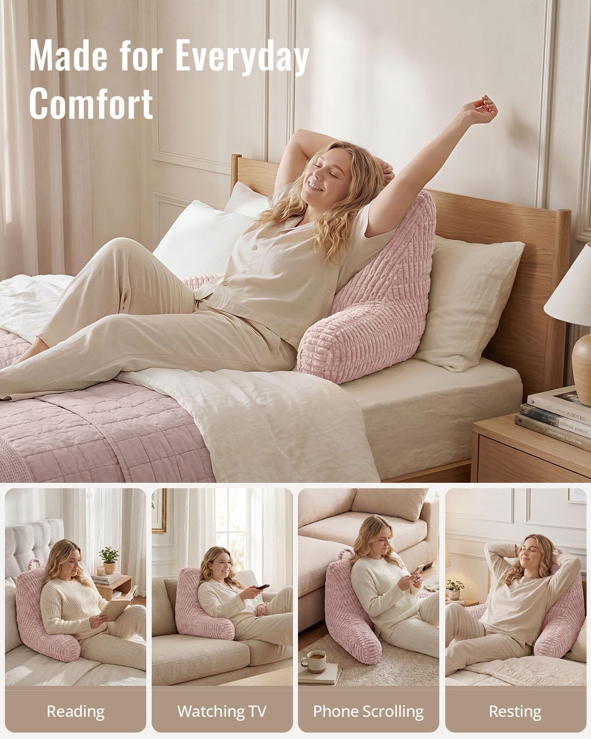 Blissful Diary on couch watching TV showing improved posture and arm comfort during long sessions