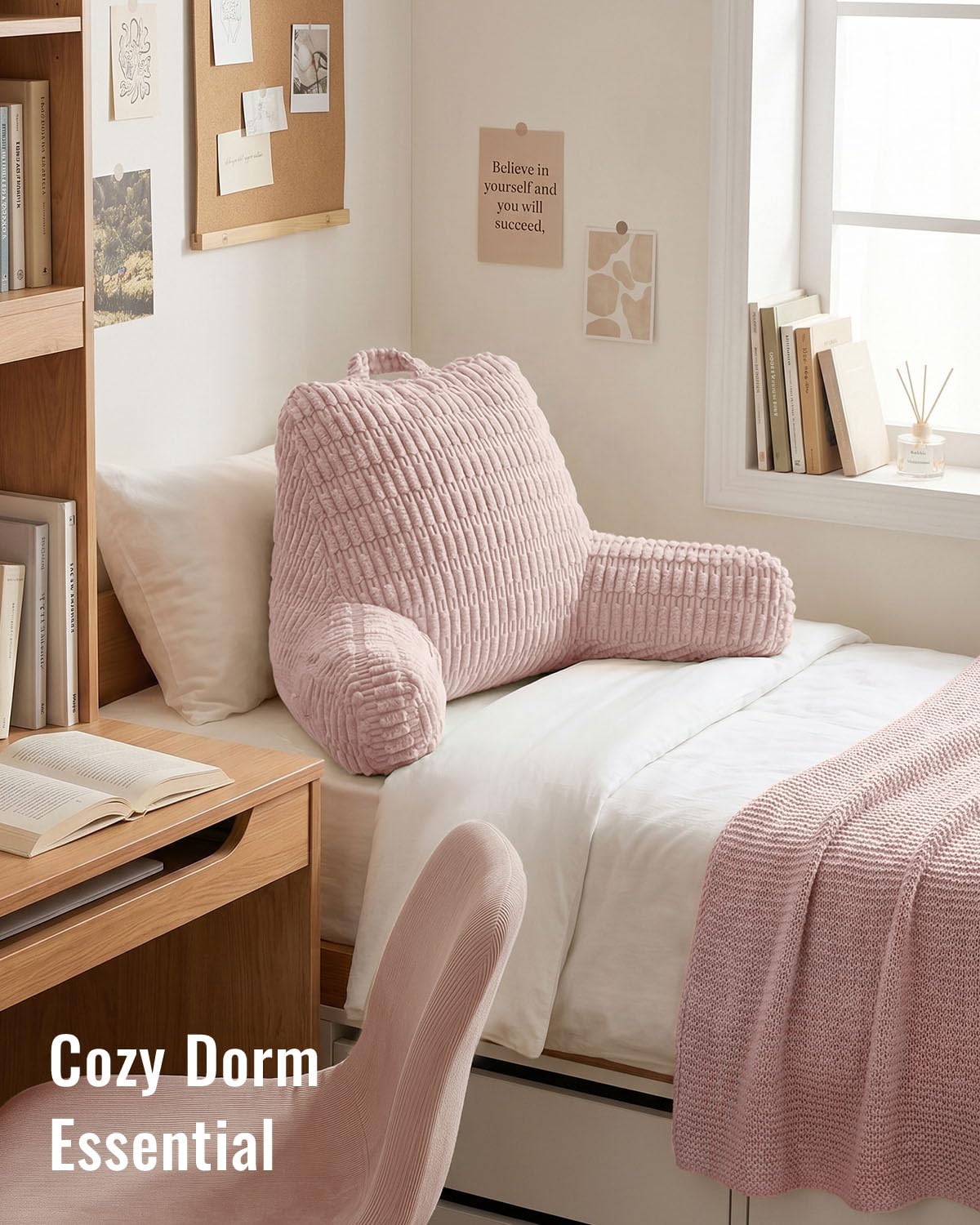 Blissful Diary next to a standard pillow for scale to show larger 20-inch backrest height