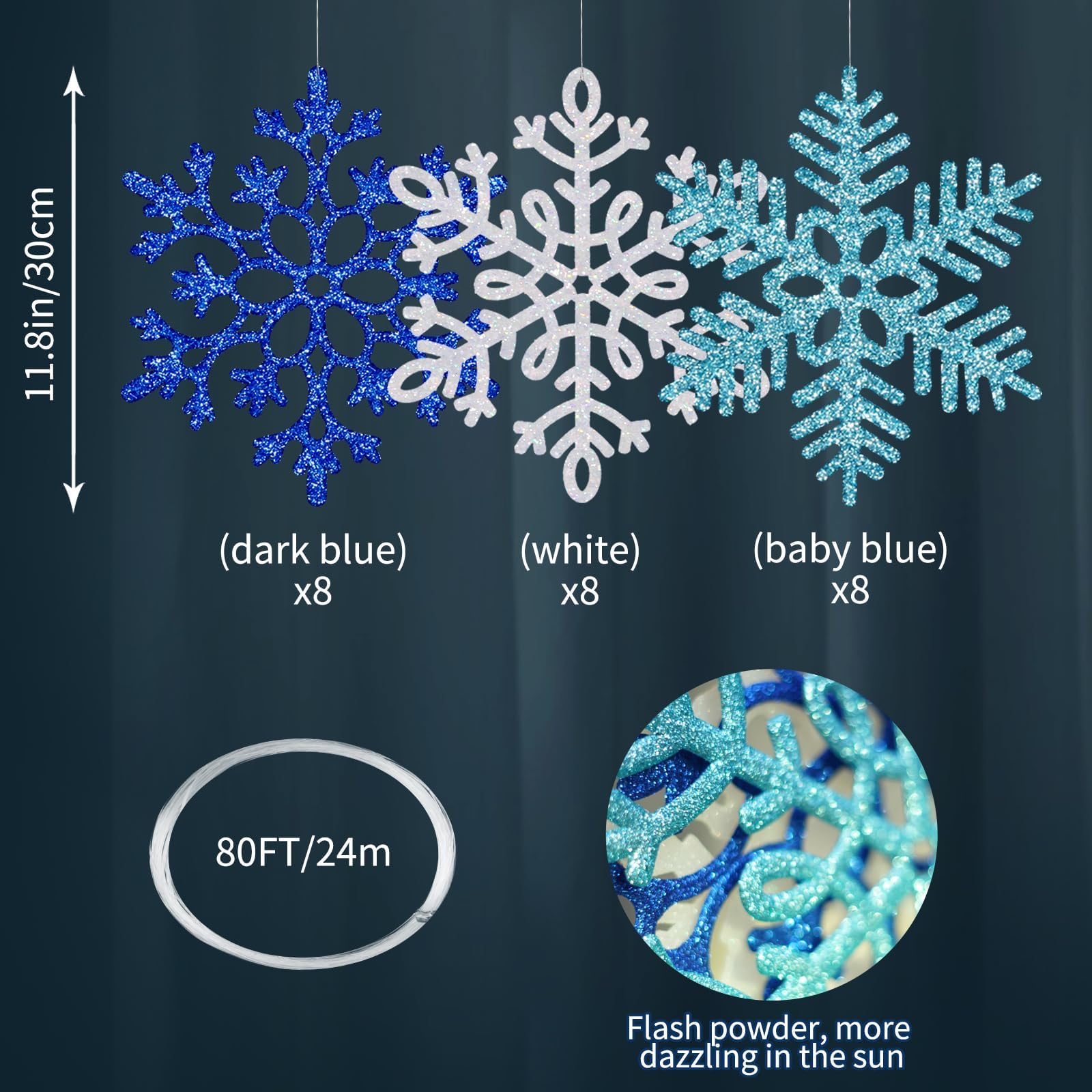 BlissfulTie glitter close-up on snowflake edge highlighting shimmer and weather-resistant finish benefit: long-lasting sparkle