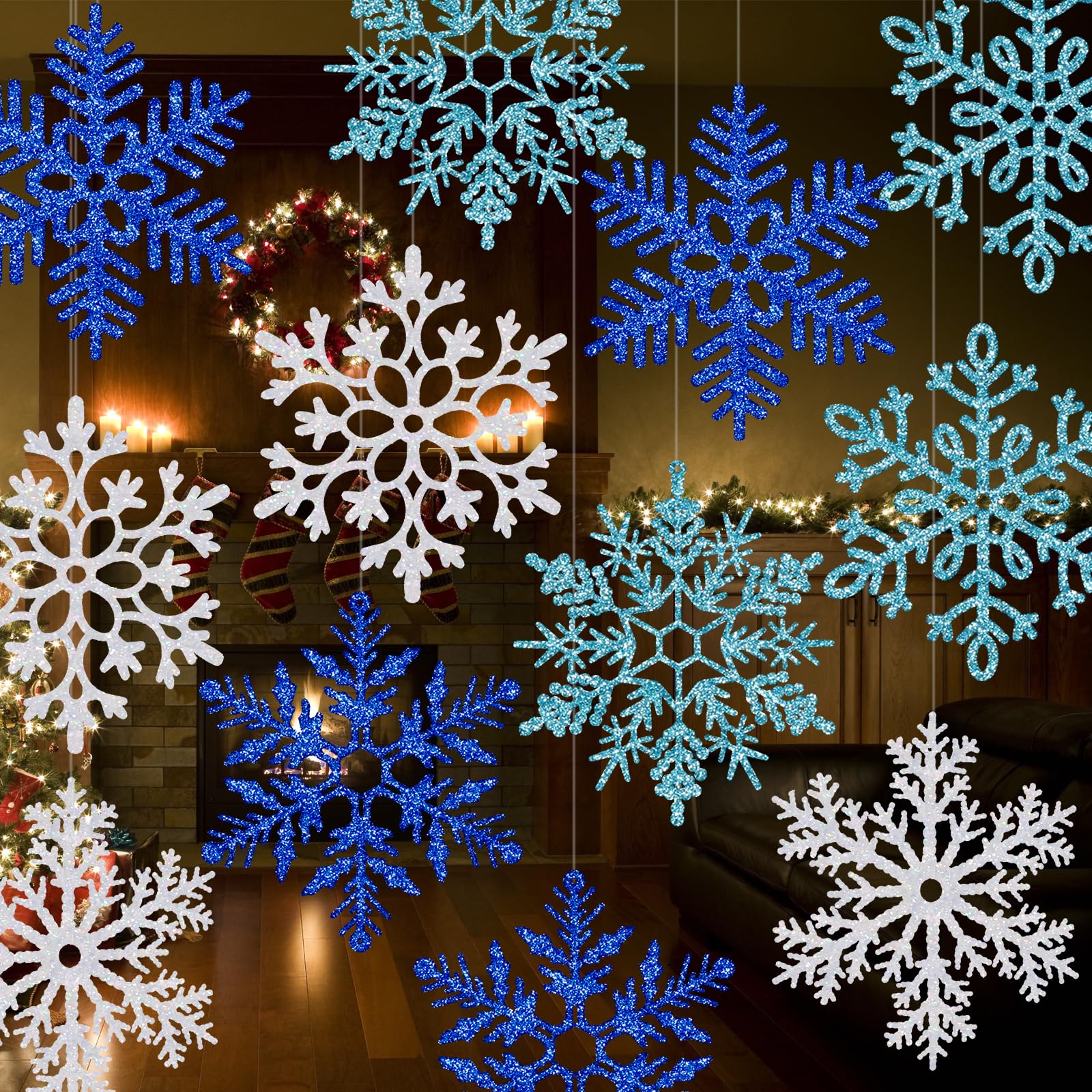BlissfulTie multicolor 12-inch snowflakes front view showing full set and hanging strings benefit: instant festive display