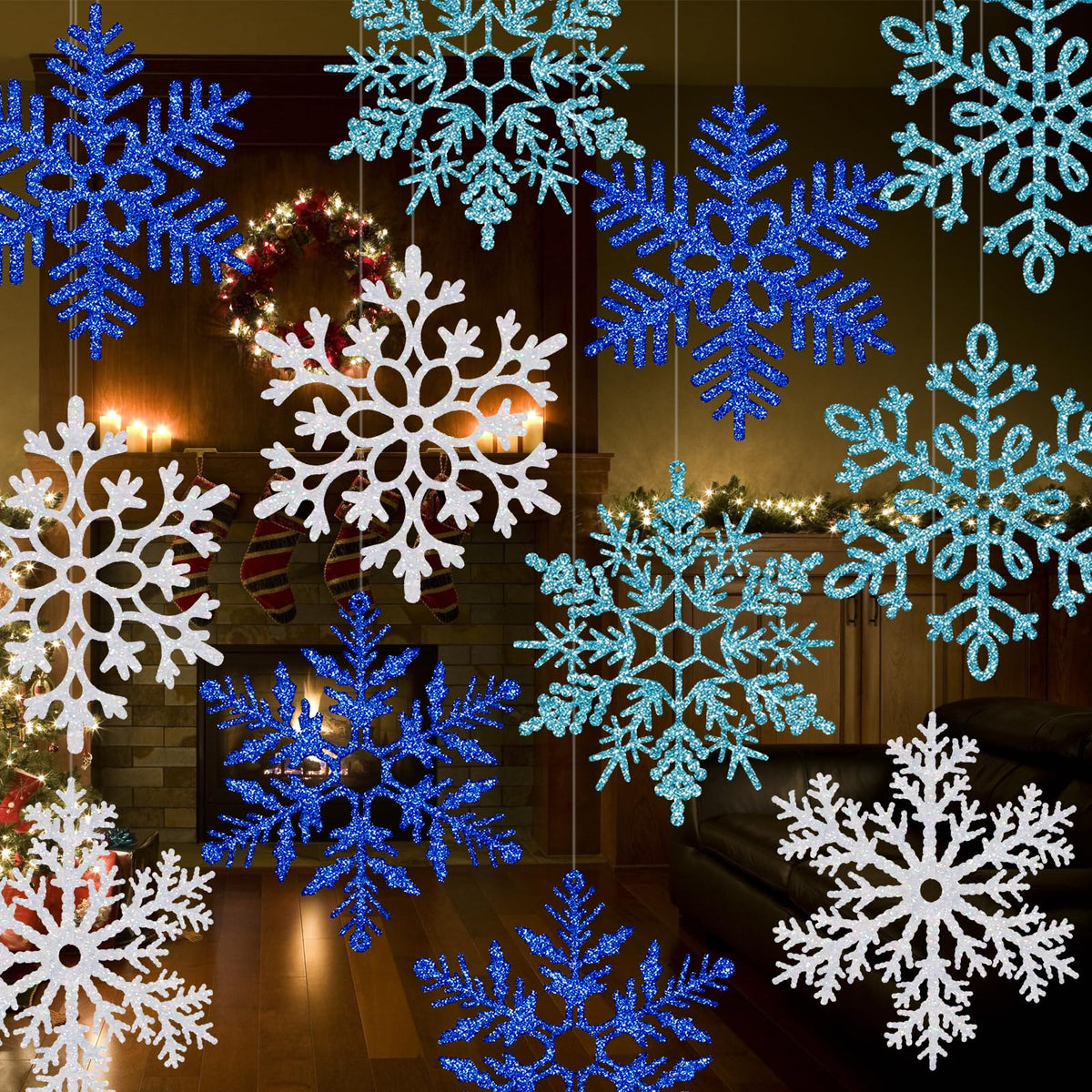 BlissfulTie multicolor 12-inch snowflakes front view showing full set and hanging strings benefit: instant festive display