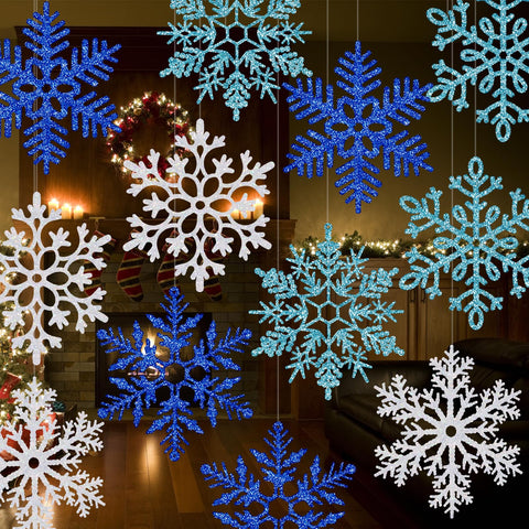 BlissfulTie multicolor 12-inch snowflakes front view showing full set and hanging strings benefit: instant festive display