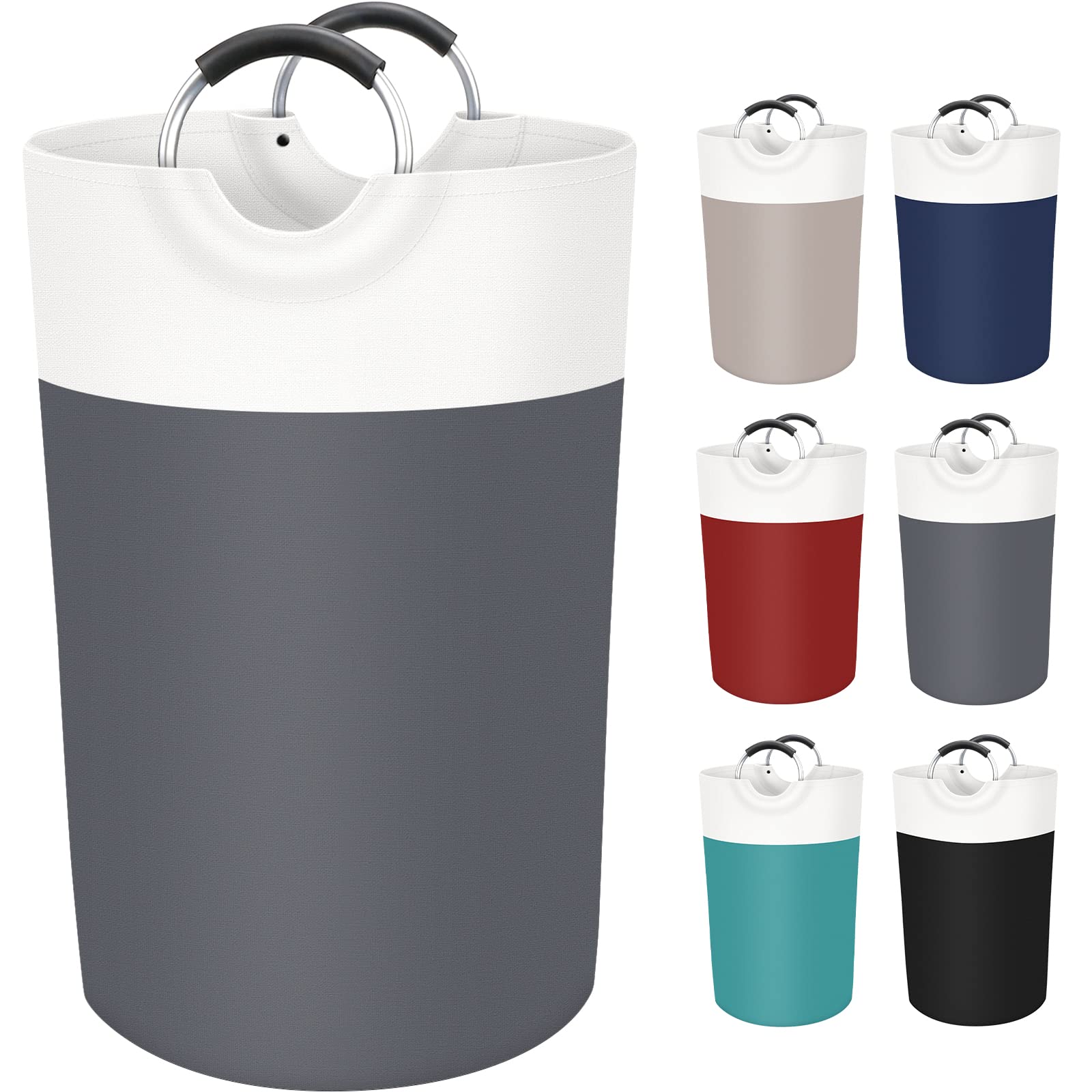 BlissTotes front view of gray 115L hamper showing stable freestanding design and capacity