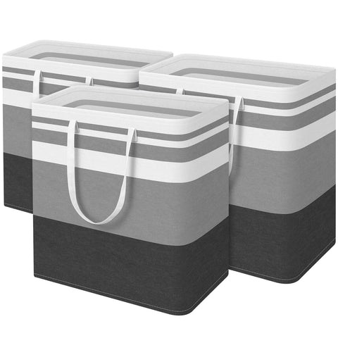 BlissTotes front view of three grey hampers showing roomy capacity and clean style