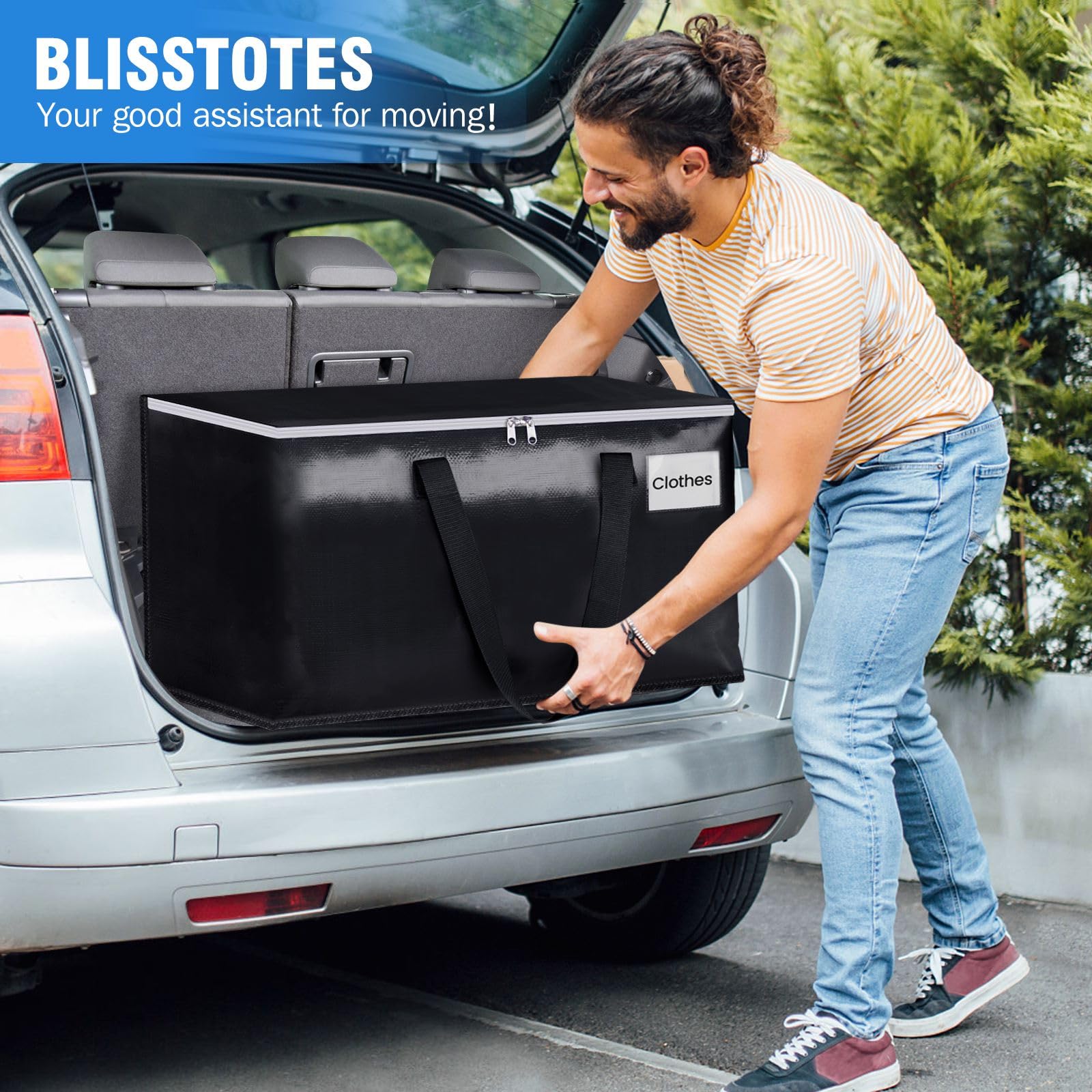 BlissTotes beside moving box showing size comparison and packing efficiency
