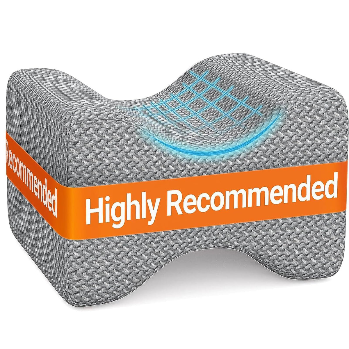 BlissTrends front view of grey knee pillow showing ergonomic curve and support