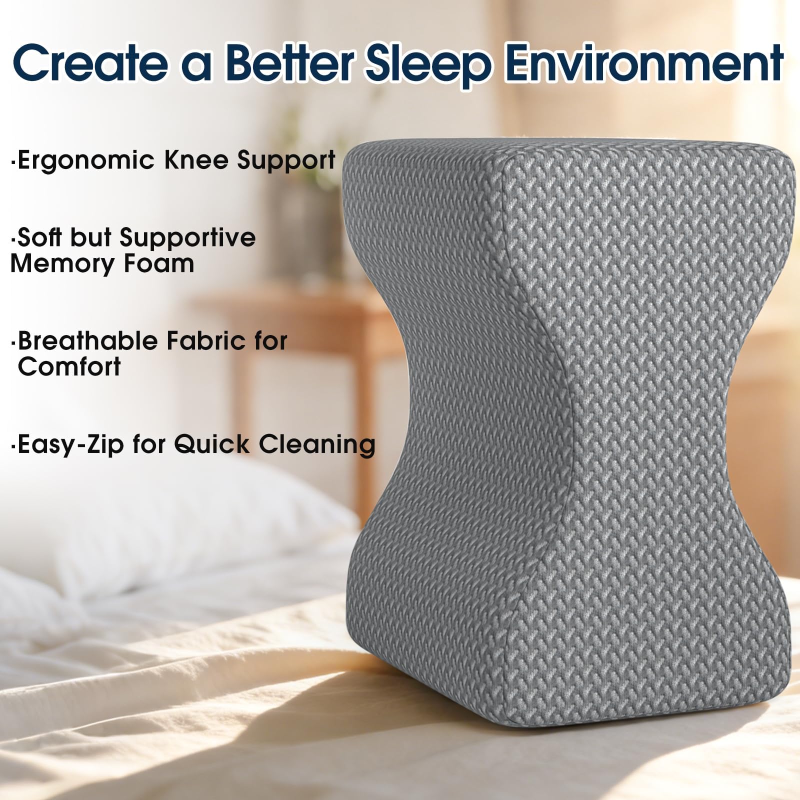 BlissTrends pillow in use between knees demonstrating improved sleeping posture