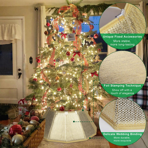 Blissun collar in use under decorated tree conceals stand and elevates decor