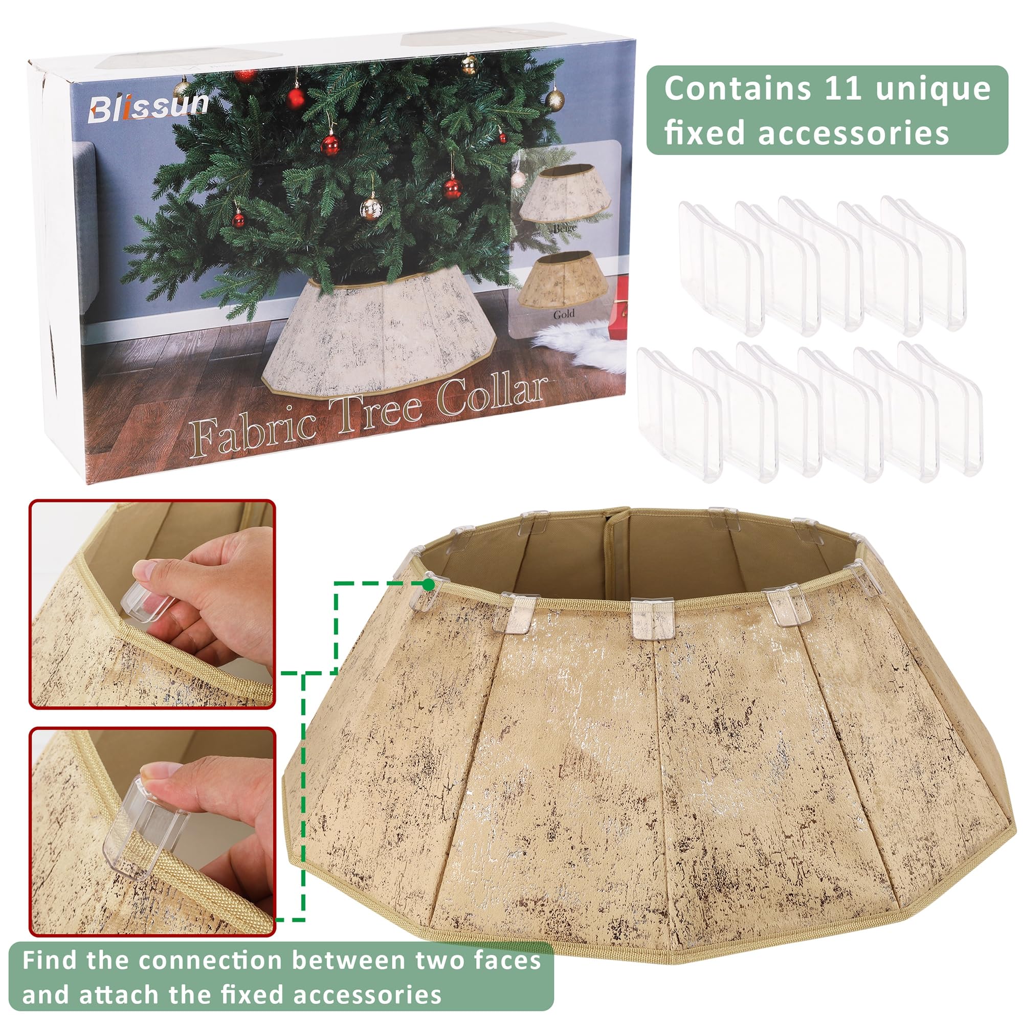 Blissun tree collar installed around trunk hiding stand and improving décor