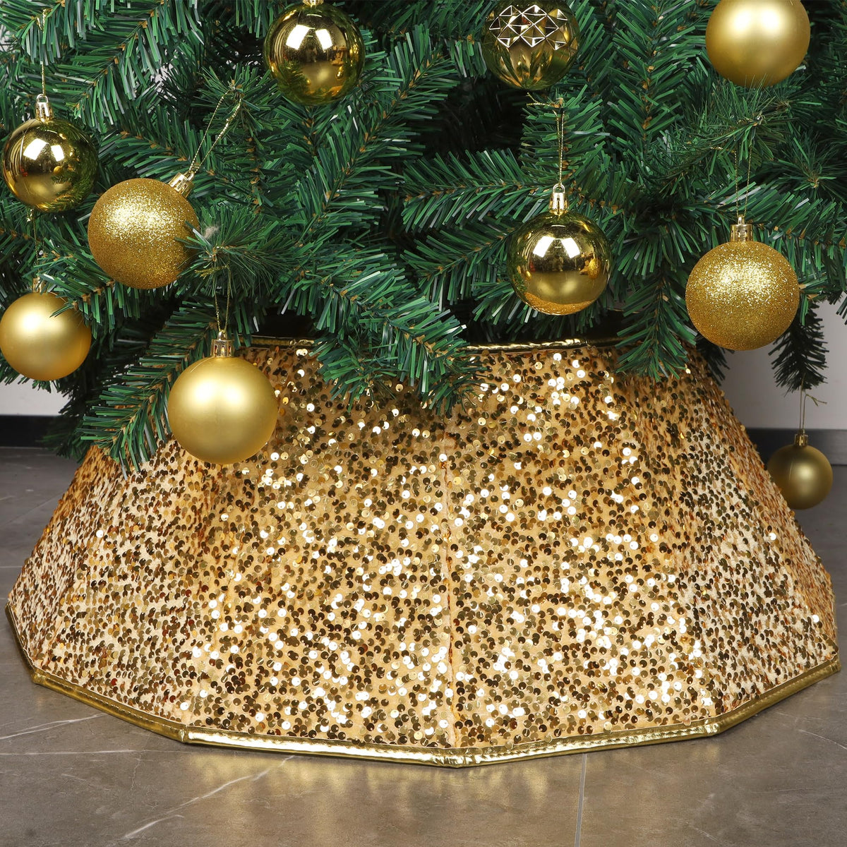 Blissun front view of gold sequin tree collar showing tidy tree base and shimmer