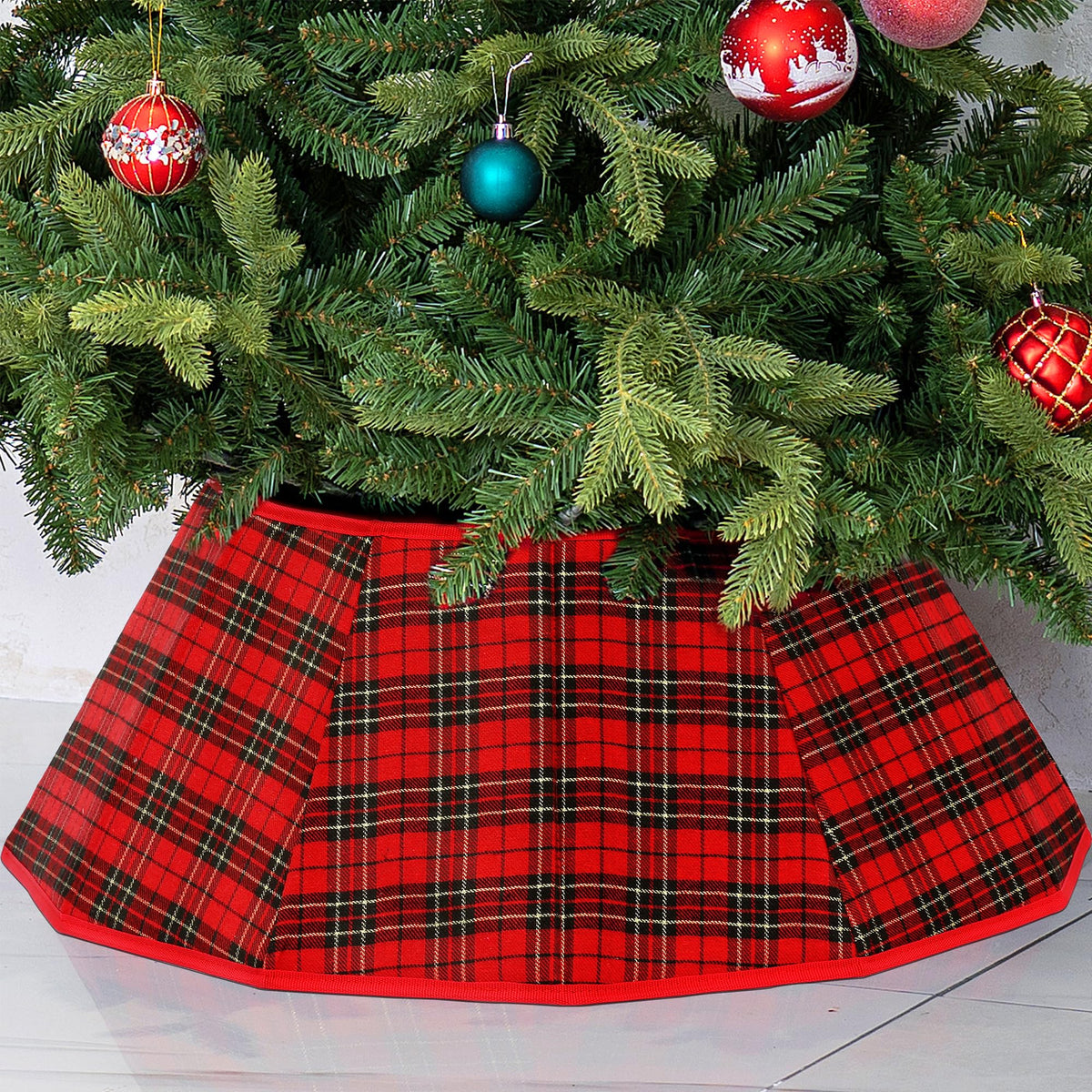 Blissun front view of plaid tree collar giving a finished tree base