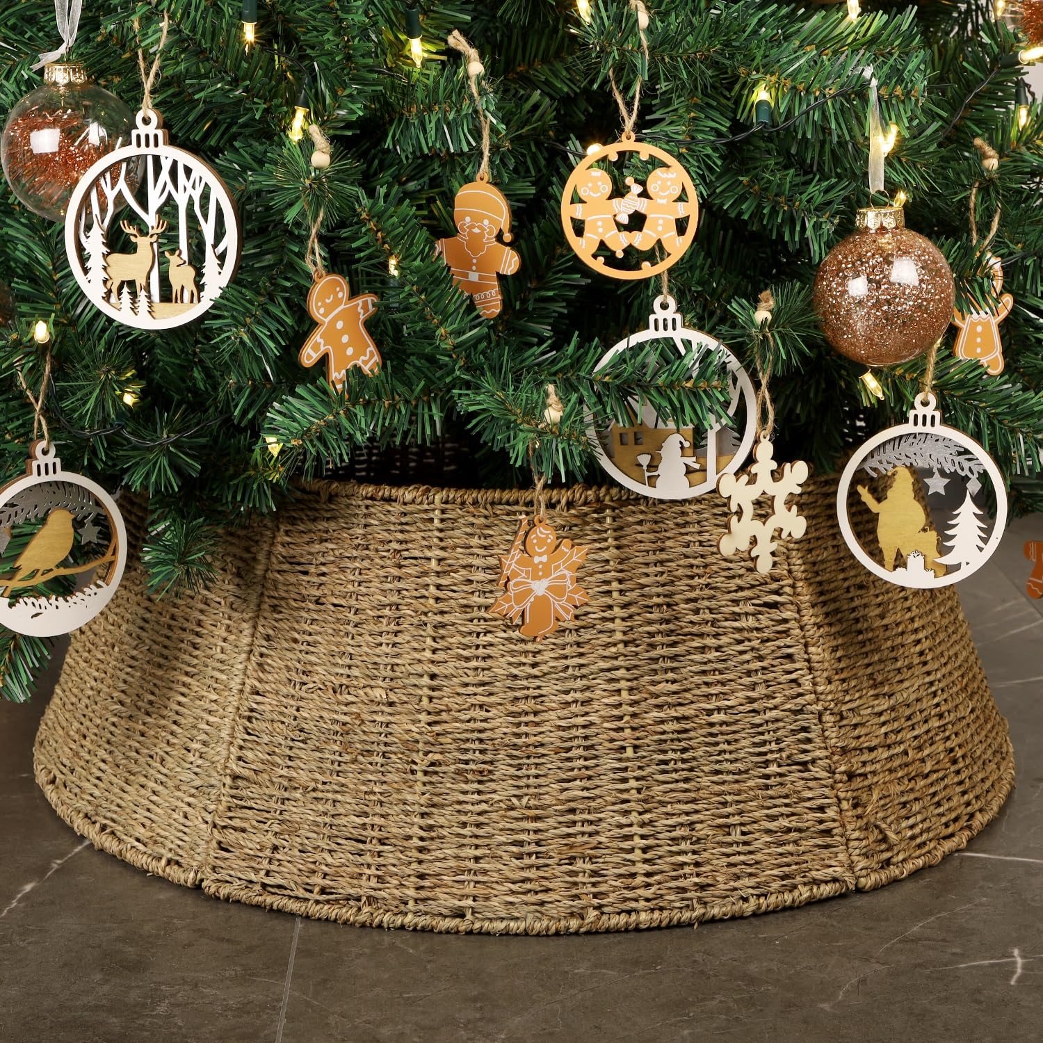 Blissun front view of rattan tree collar showing neat tree base concealment