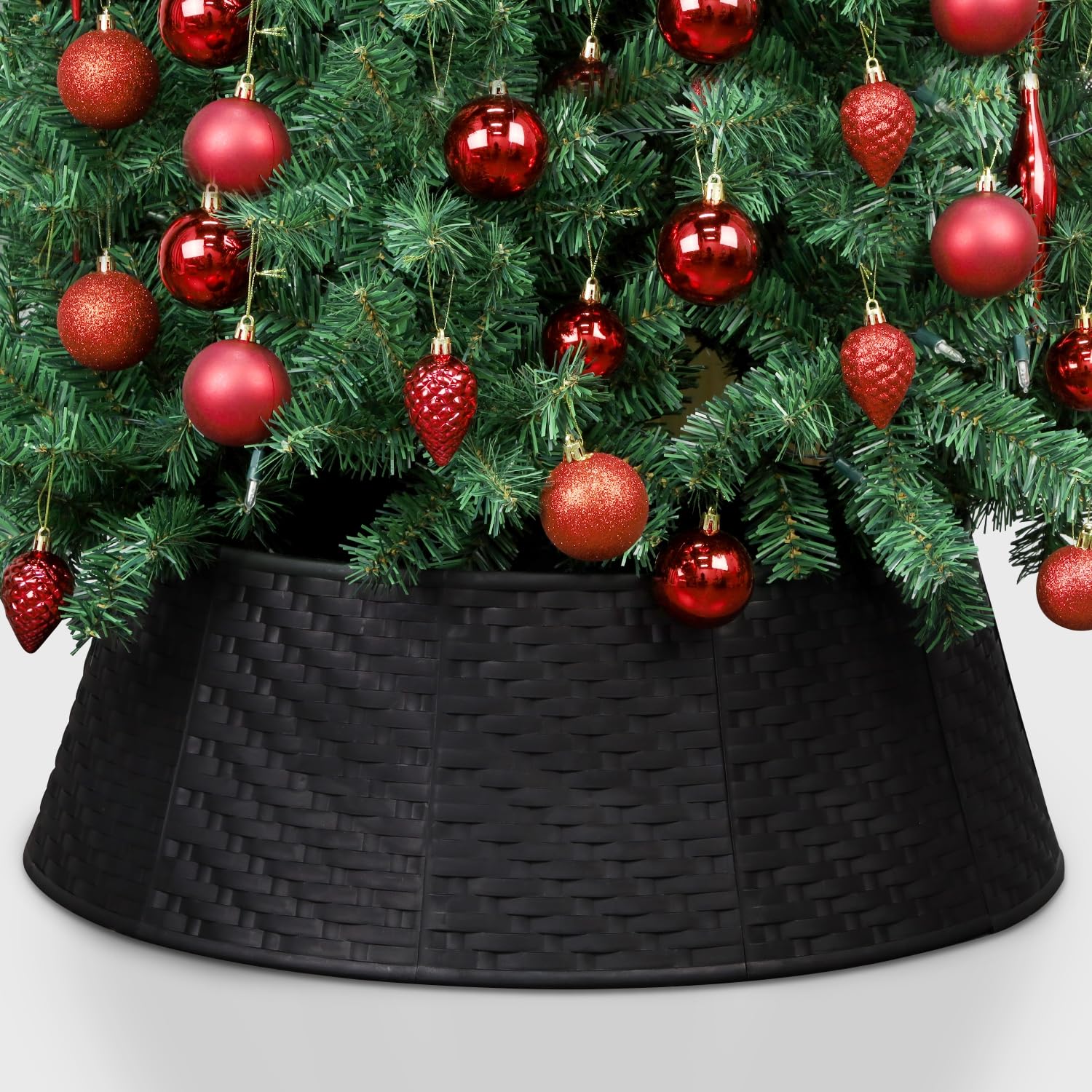 Blissun front view of black tree collar showing sleek decorative finish and tidy base concealment benefit