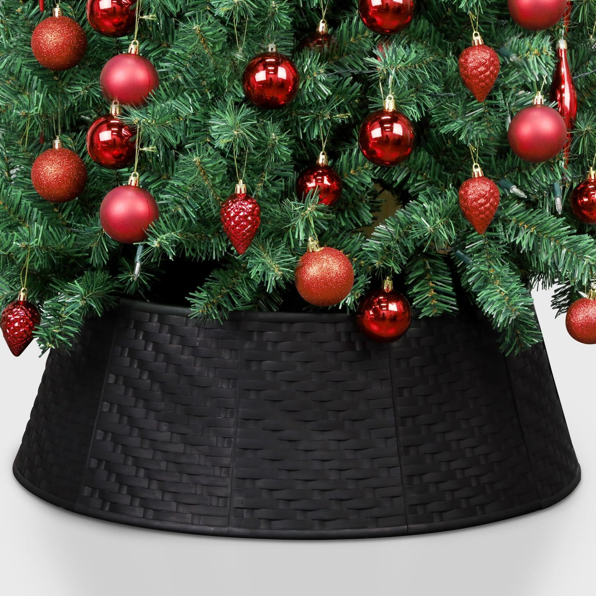 Blissun front view of black tree collar showing sleek decorative finish and tidy base concealment benefit