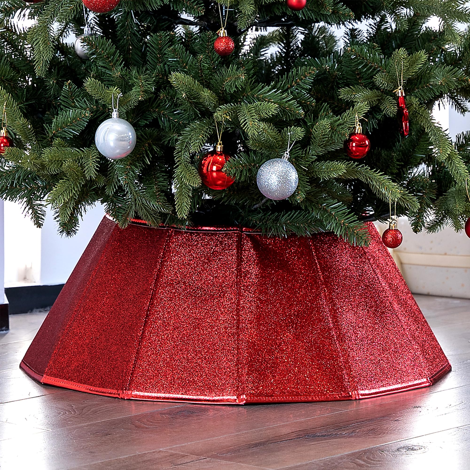 Blissun front view of red glitter tree collar showing clean base and sparkle benefit