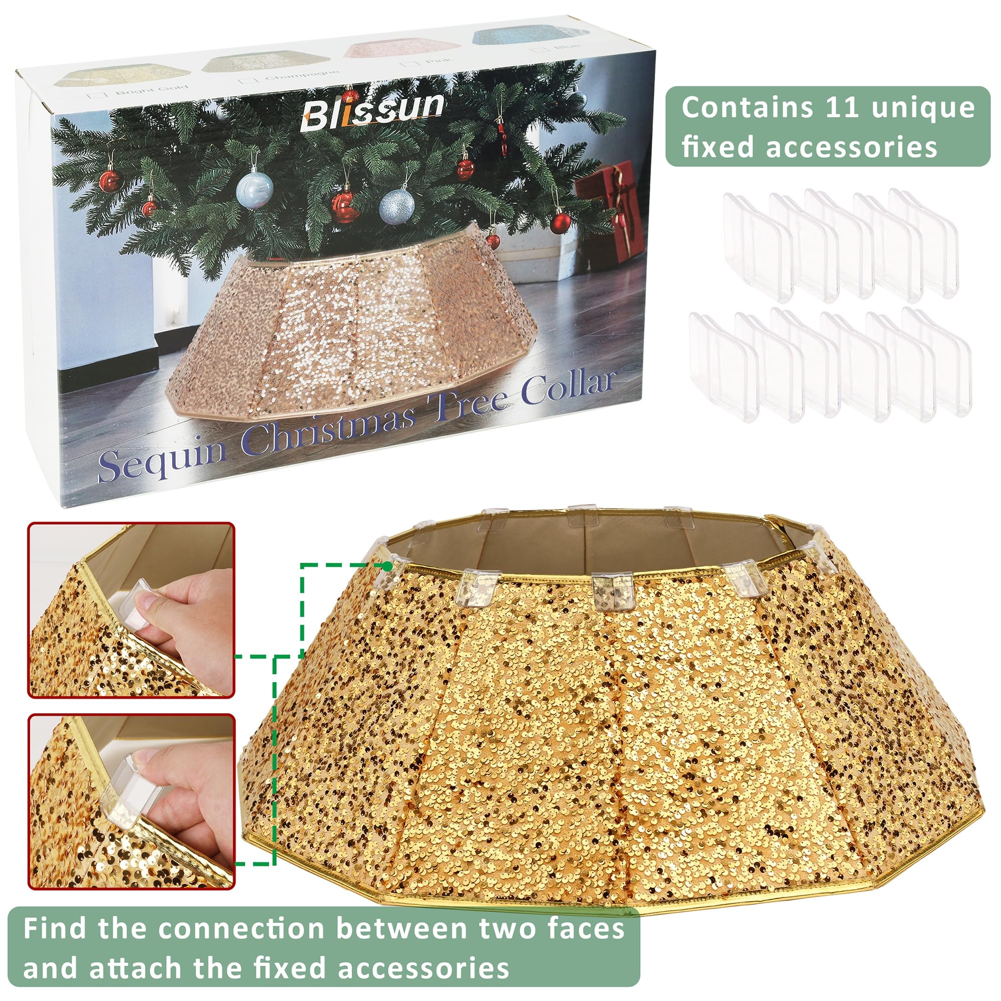 Blissun tree collar in place on decorated Christmas tree concealing stand neatly