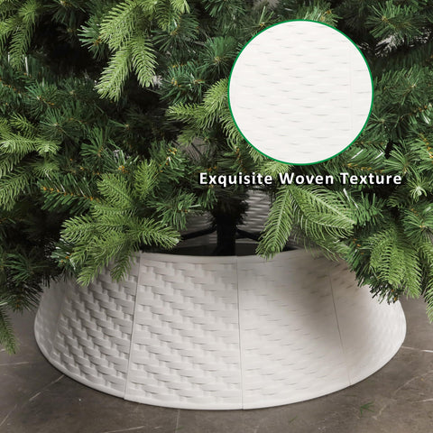 Blissun tree collar in use with decorated artificial tree for neat holiday styling
