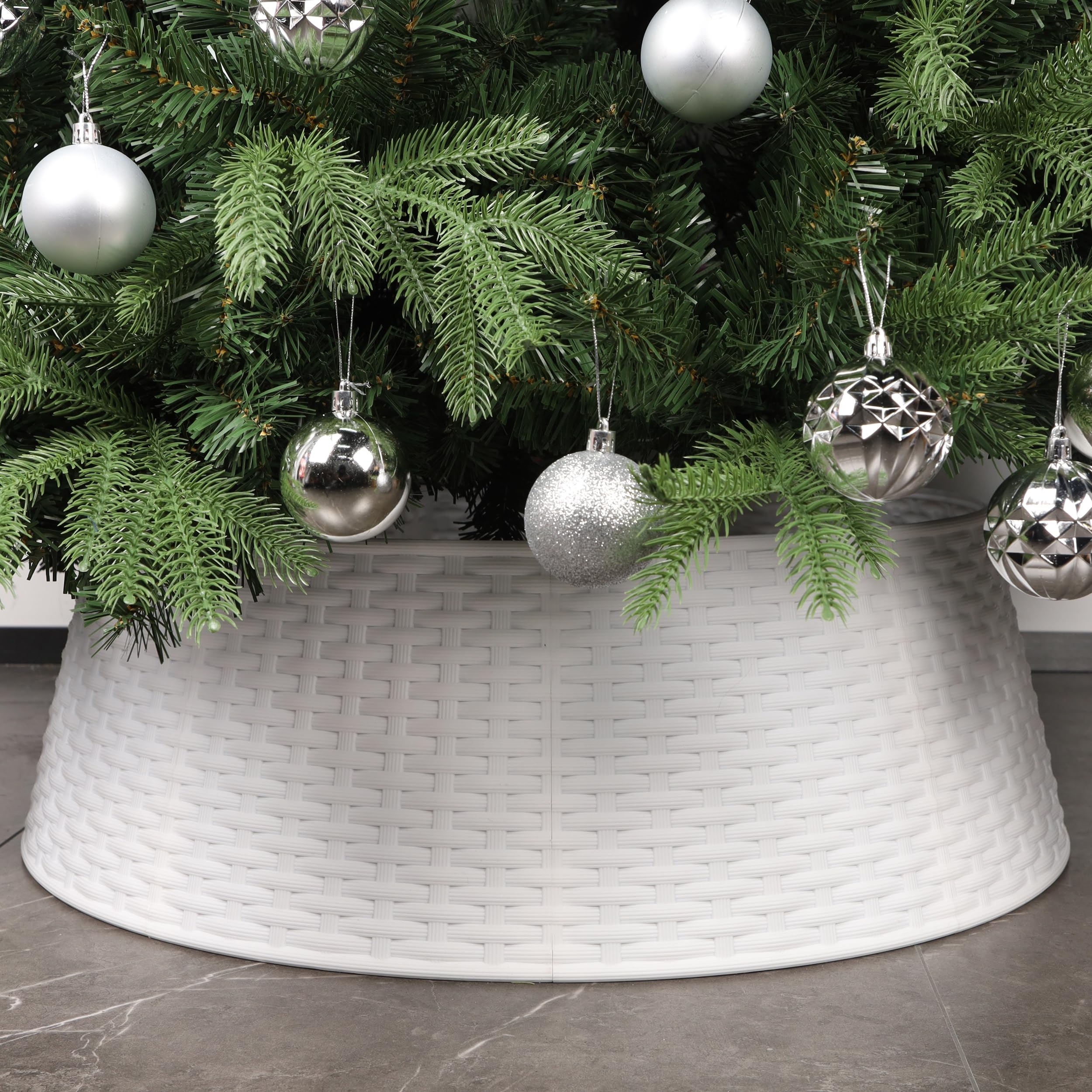 Blissun tree collar front view showing clean white finish and rustic pattern benefit tidy base