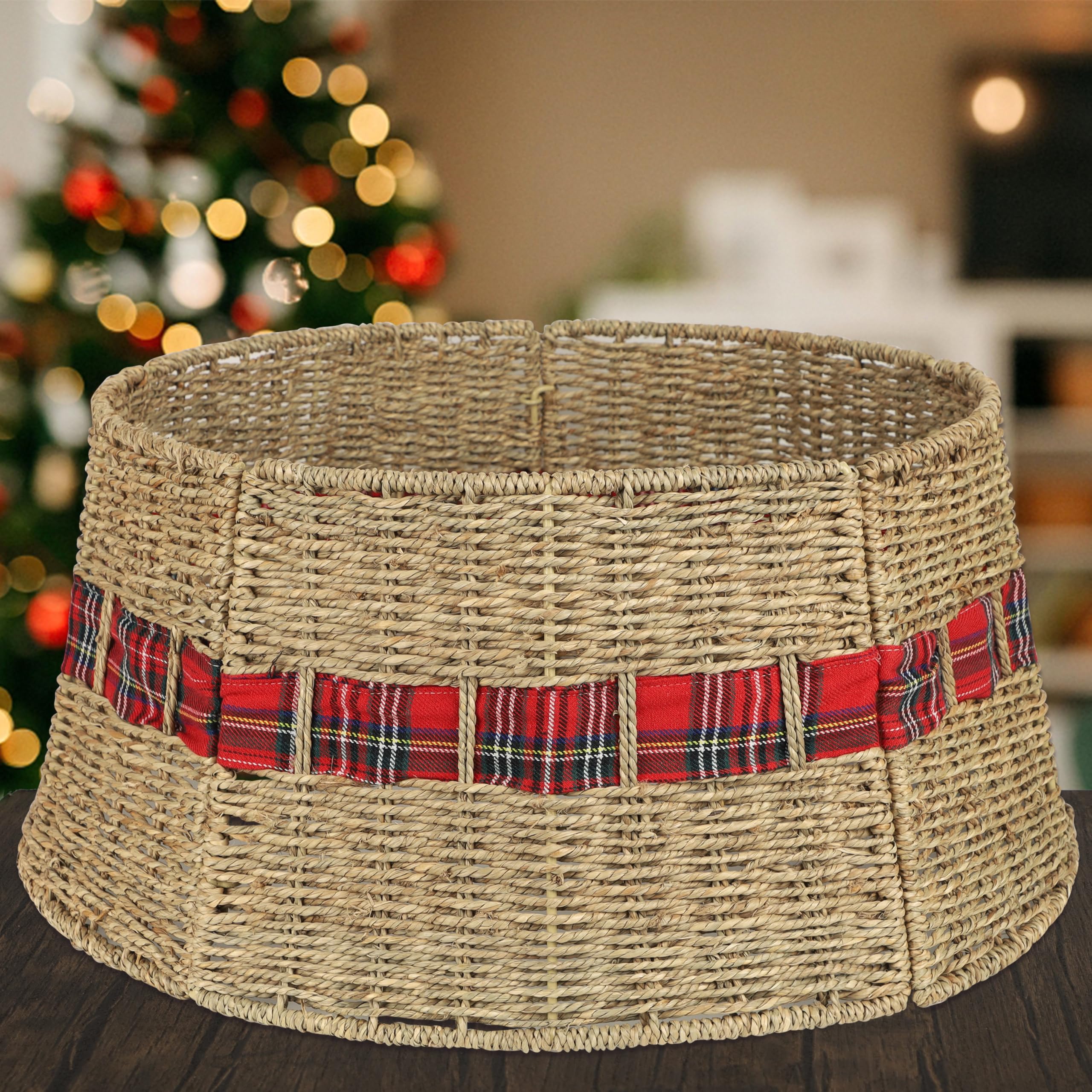 Blissun front view of rattan tree collar showing clean farmhouse finish and tidy base