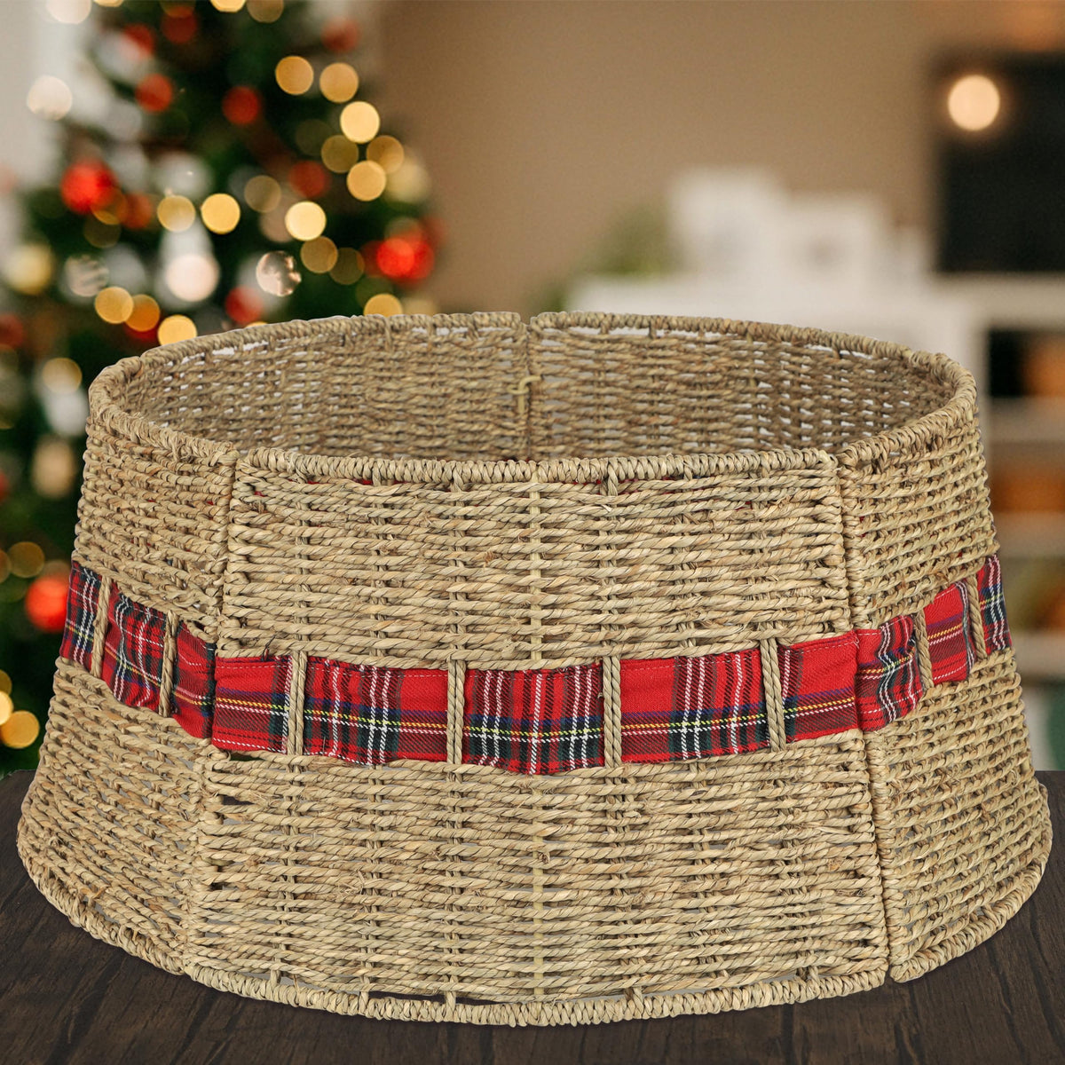 Blissun front view of rattan tree collar showing clean farmhouse finish and tidy base