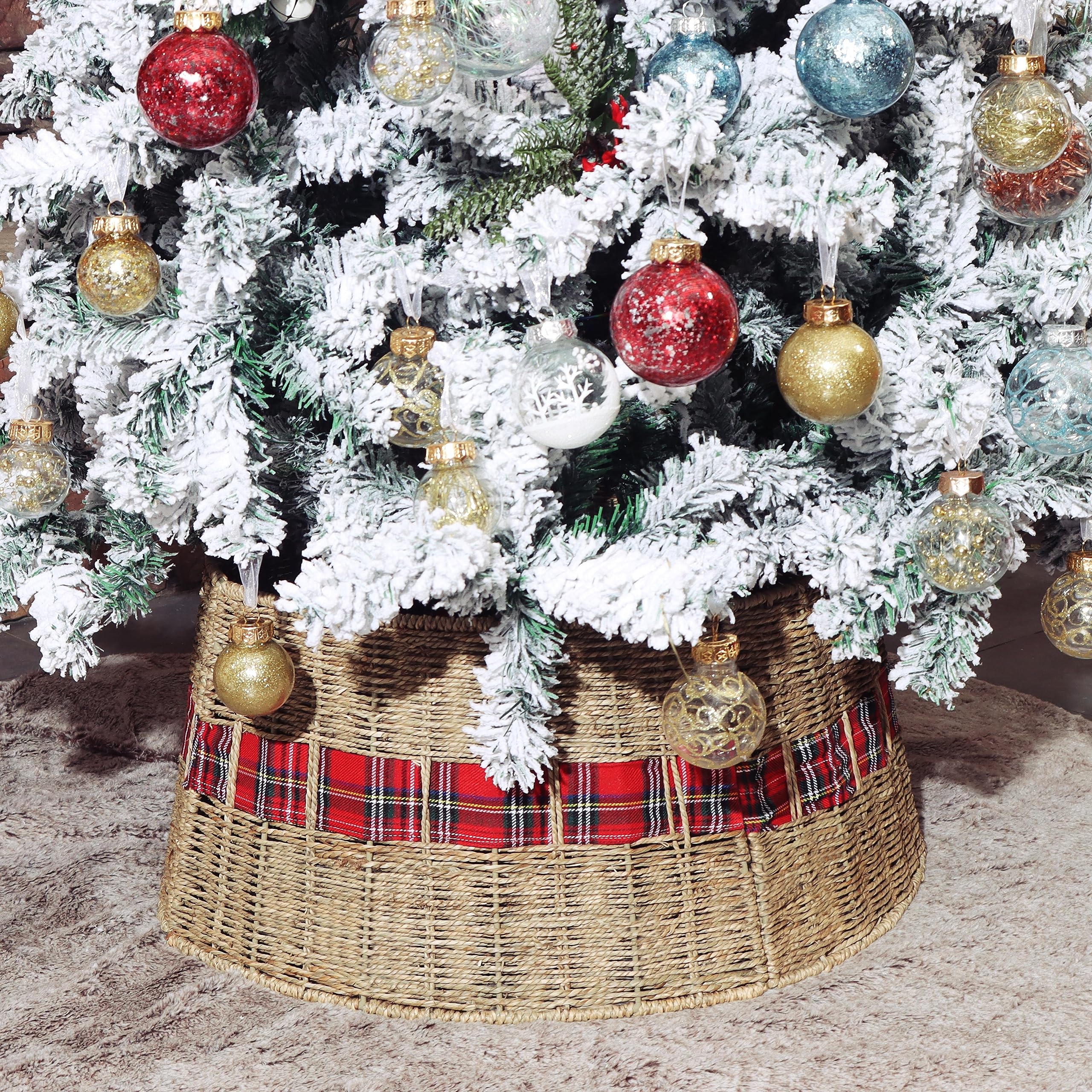 Blissun tree collar in use under decorated tree showing concealed stand and neat look