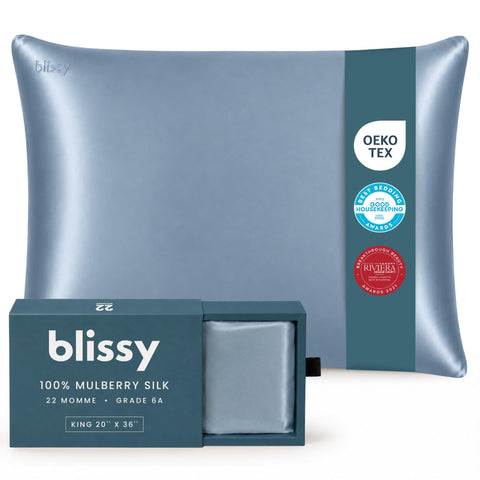 Blissy front view ash blue pillowcase shows smooth silk finish and calm color