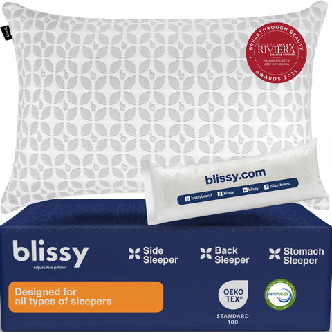 BLISSY front view of queen pillow showing brand and benefit of customizable support