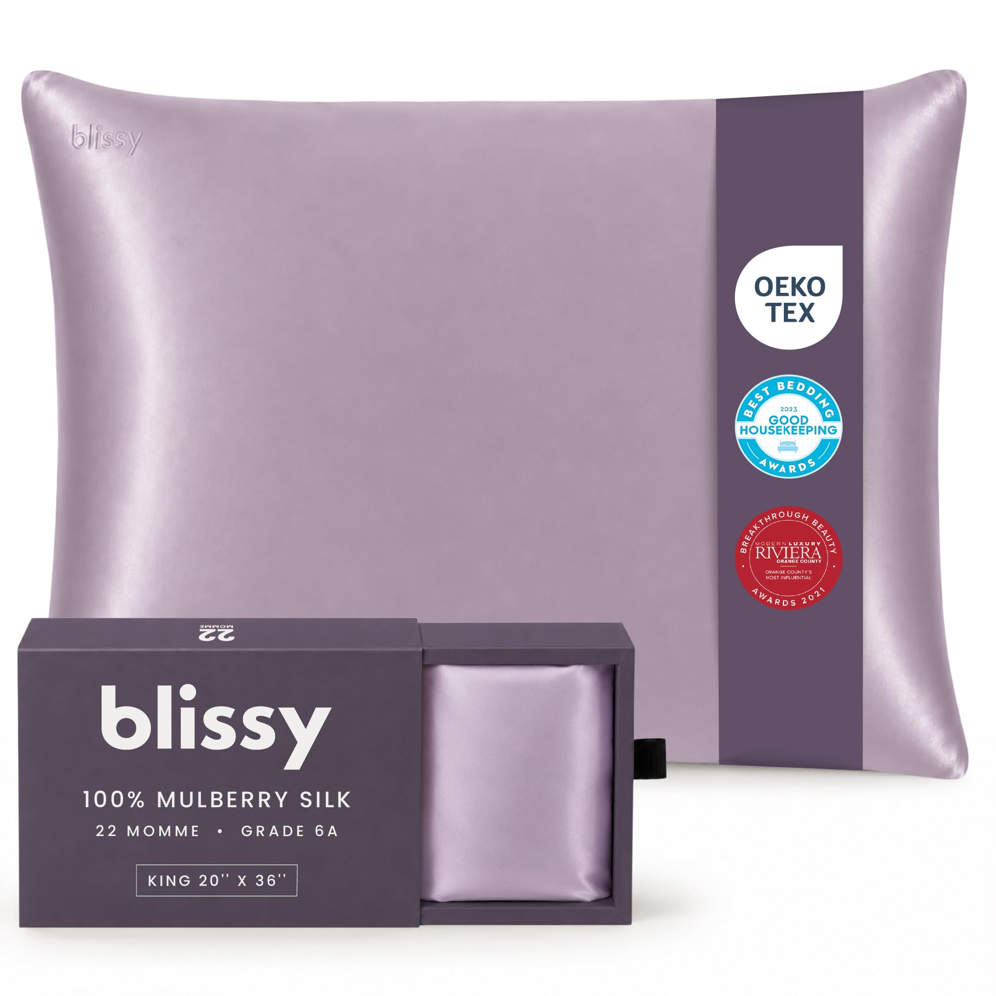 Blissy lavender king front view showing smooth silk and neat fit benefits
