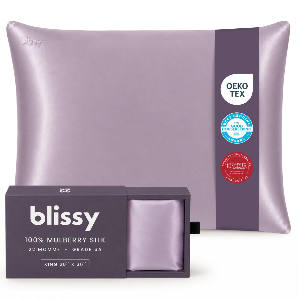 Blissy lavender king front view showing smooth silk and neat fit benefits