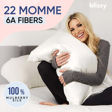 Woman sleeping on Blissy pillowcase showcasing reduced hair friction and comfort
