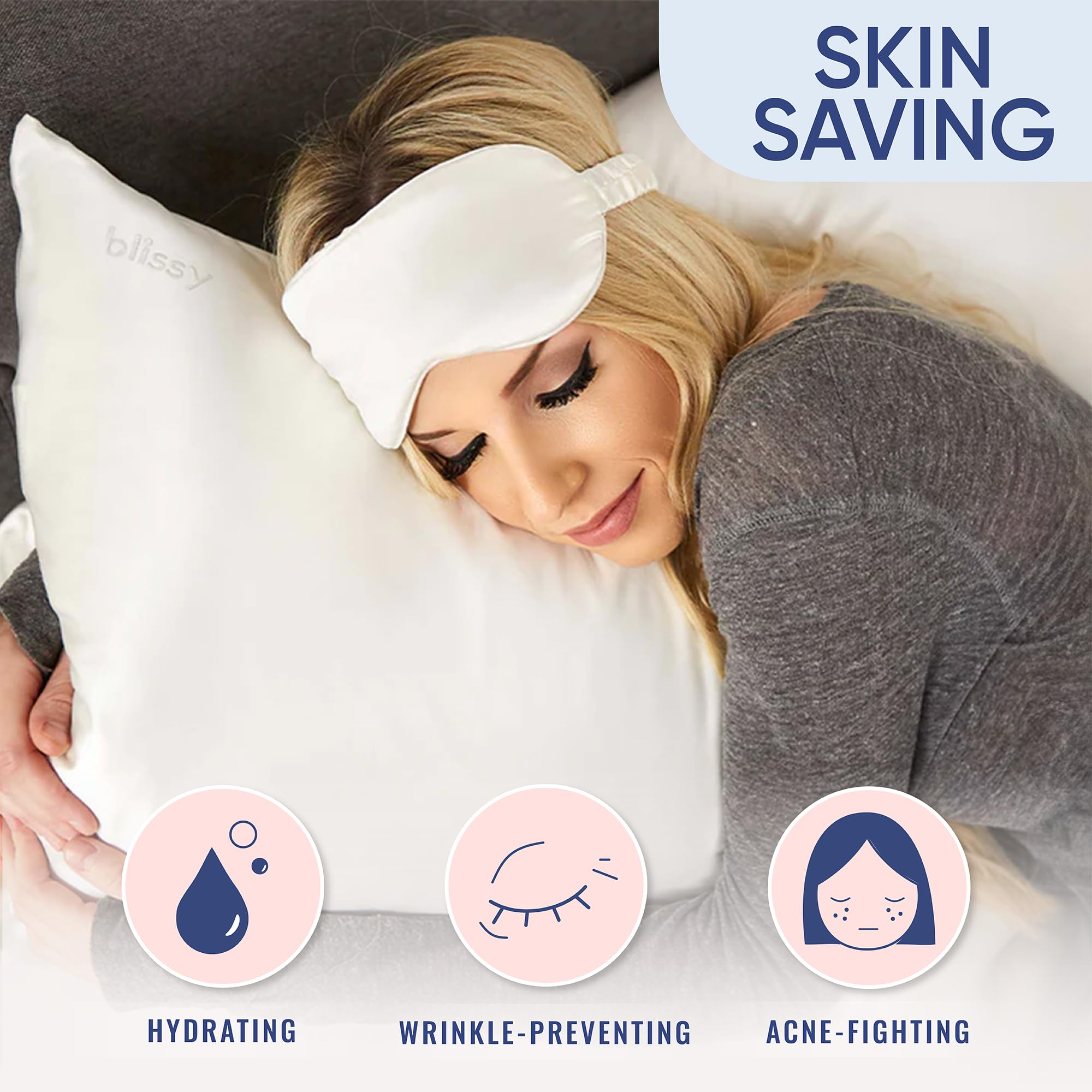 White Blissy pillowcase on bed showing breathable surface for cooler sleep