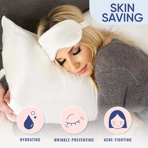 White Blissy pillowcase on bed showing breathable surface for cooler sleep
