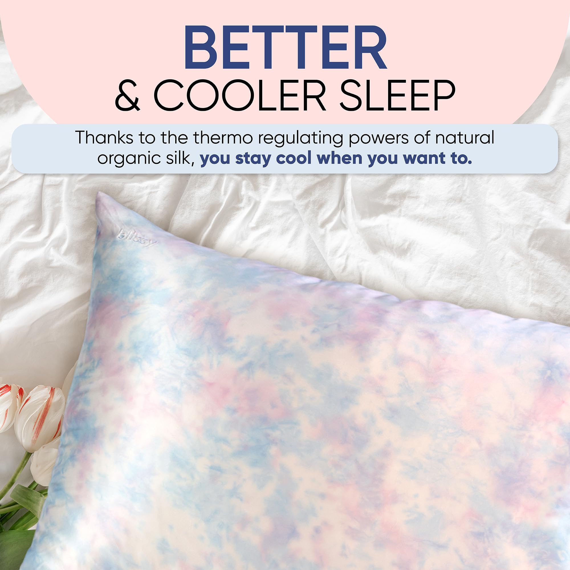 Blissy silk pillowcase with hair on surface demonstrating reduced tangles