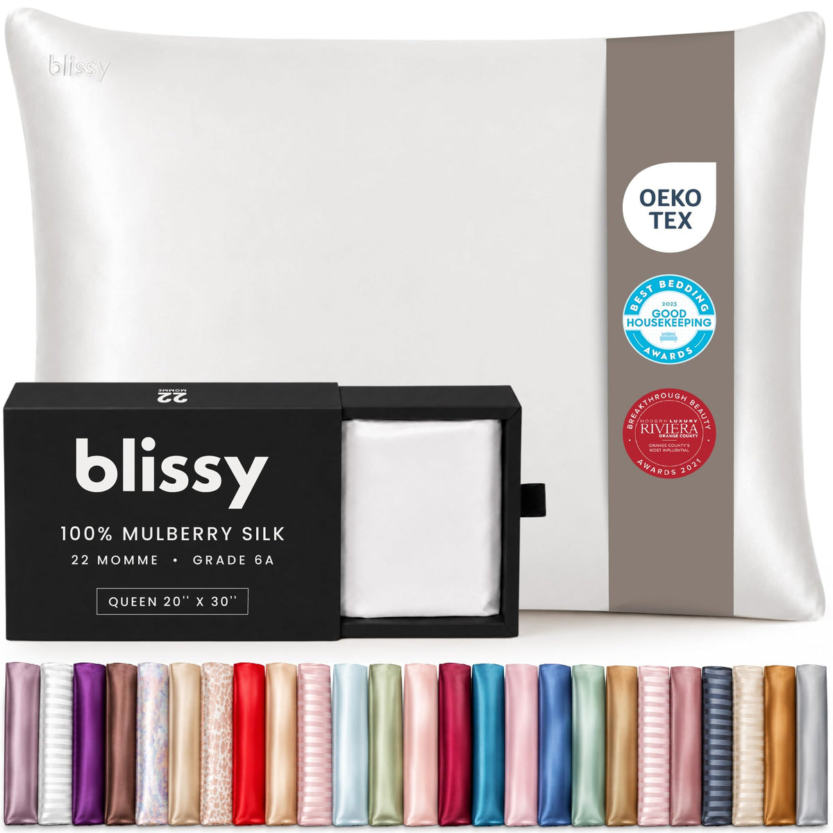 Blissy silk pillowcase front packaging showing clean white finish and brand benefits