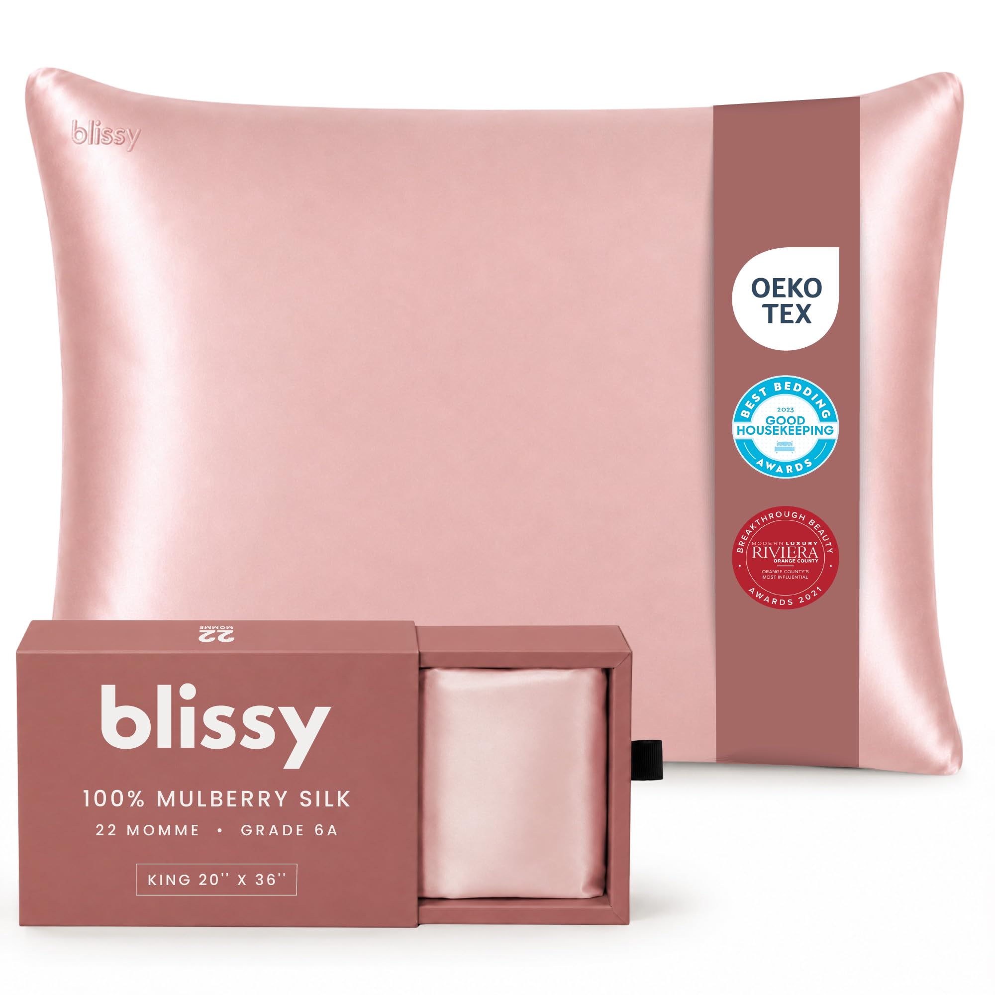 Blissy silk pillowcase front packaging showing pink color and premium look