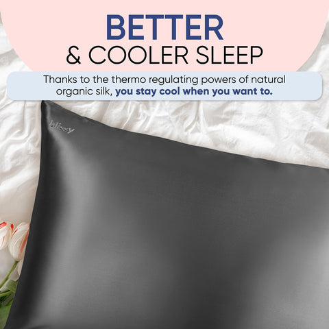 Blissy silk pillowcase folded with packaging and label indicating premium quality