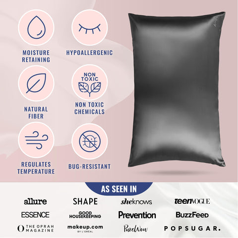 Blissy silk pillowcase next to ruler showing size options standard to king