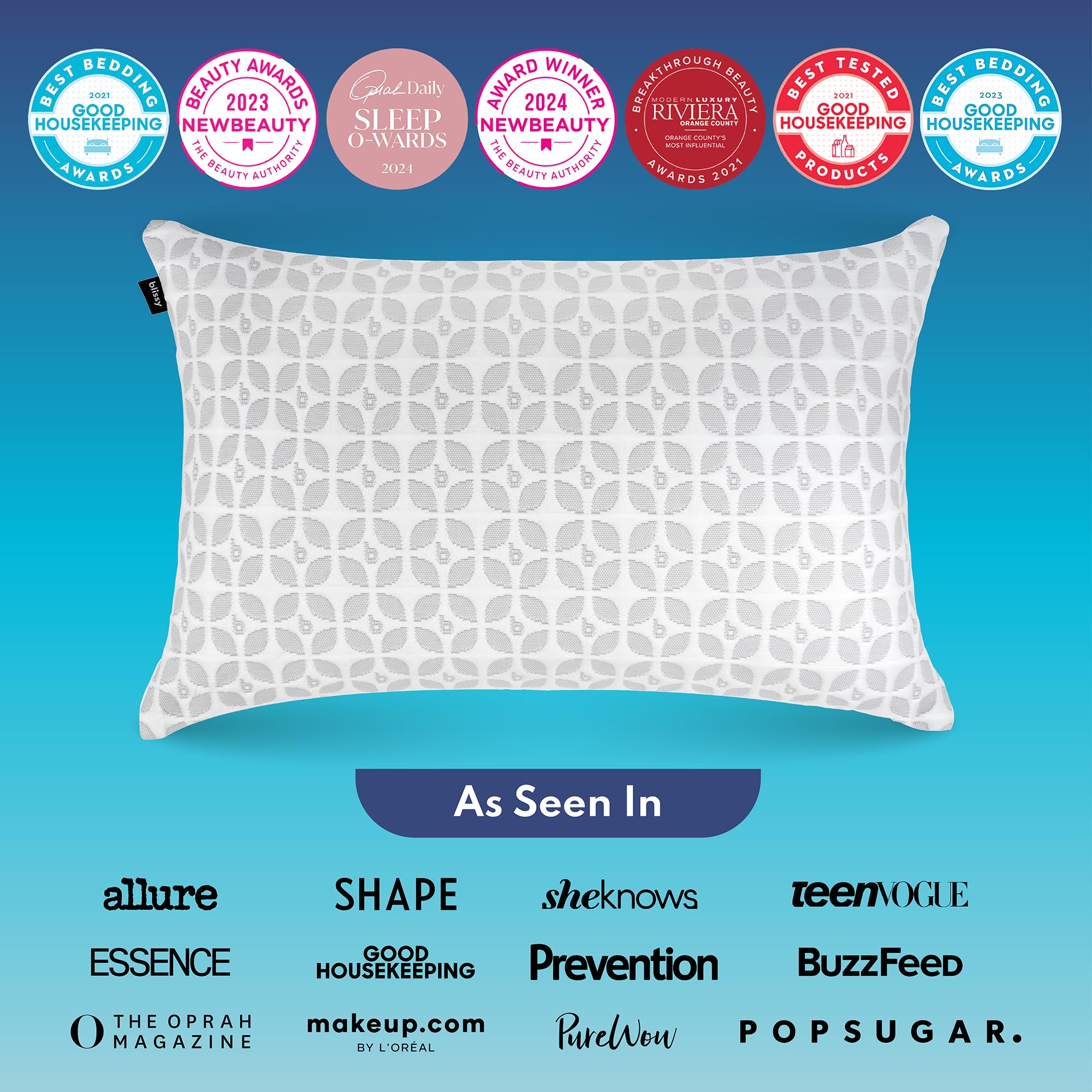 BLISSY queen pillow beside ruler showing size and fit for standard bedding