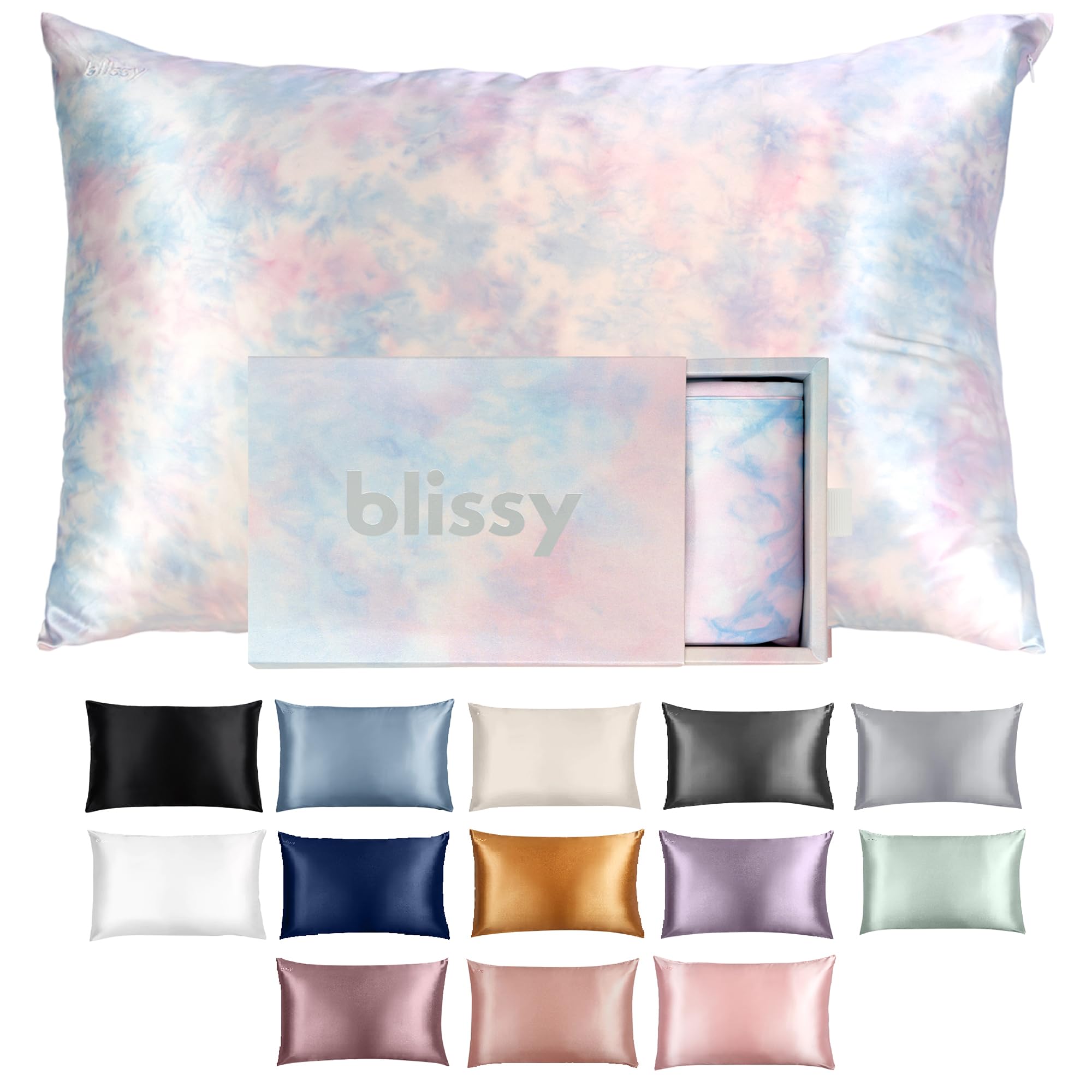 Blissy tie-dye front view showing smooth silk and luxe finish, improves sleep comfort