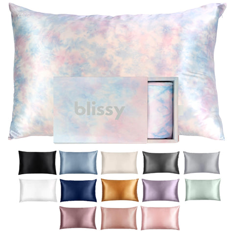 Blissy tie-dye front view showing smooth silk and luxe finish, improves sleep comfort
